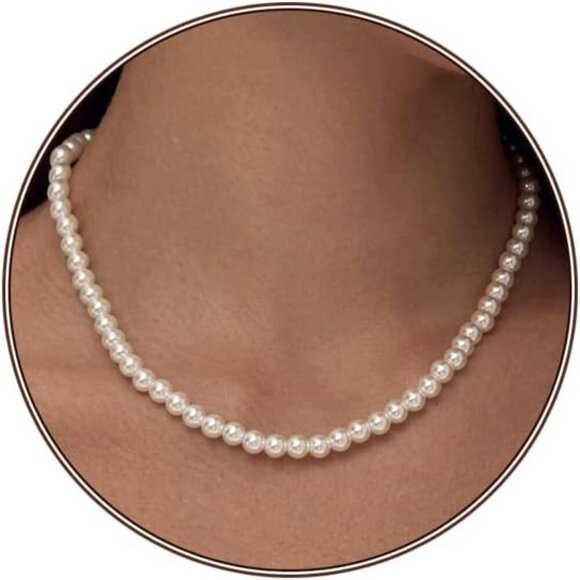 Pearl Necklace 4MM/6MM/8MM Dainty Round Imitation Pearl Choker Necklace Wedding - Picture 1 of 6